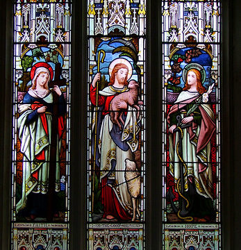 Christ the Good Shepherd flanked by Faith and Hope (Ward & Hughes, 1880)