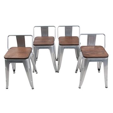 HAOBO Home Modern Industrial Metal Stool Low Back with Wooden Seat [Set of 4] Stackable for Indoor/Outdoor 18″ Dining Chairs, Silver