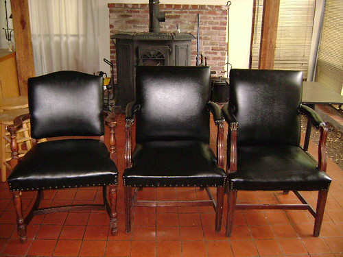 3 leather and wood chairs $25 each or all 3 for $65