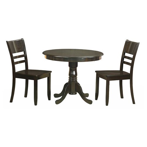 East West Furniture Antique 3 Piece Pedestal Round Dining Table Set with Fields Wooden Seat Chairs