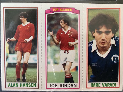 1981-82 Topps Footballers - Blue Back - Triple cards - 47.  Alan Hansen (Liverpool) / 154.  Joe Jordan (Manchester United) / 28.  Imre Varadi (Everton)