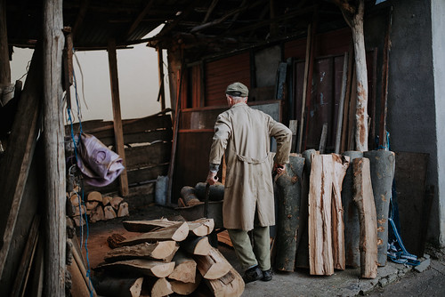 Old man in trench coat carrying firewood with a wheelbarrow.