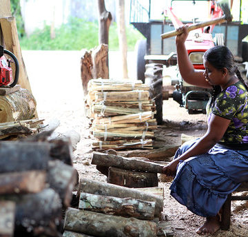 A woman chopping wood