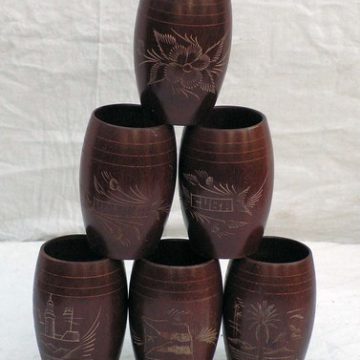 Cuban Mahogany Hand Carved Tumbler Set Rare 1950s Six Mid Century Luxe Barware Vintage Kitchen Ware