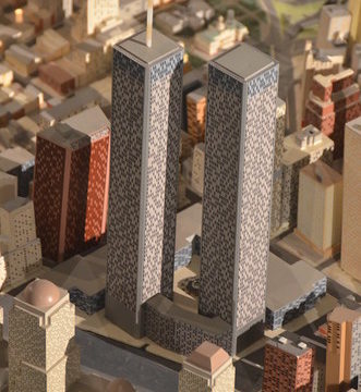 Queens Museum of Art | The Panorama of the City of New York | close-up view over Manhattan, focusing on the twin towers of the World Trade Center