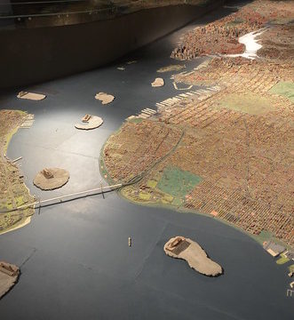 Queens Museum of Art | The Panorama of the City of New York | view north from the Atlantic over the Verrazano Narrows Bridge, over Brooklyn toward Manhattan