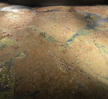 Queens Museum of Art | The Panorama of the City of New York | view from the east over Long Island near JFK Airport, looking across Queens toward Brooklyn, The Bronx, Manhattan, and Staten Island