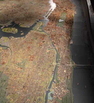 Queens Museum of Art | The Panorama of the City of New York | Manhattan island seen from the North, with the George Washington Bridge, The Bronx, Queens, Brooklyn, and Staten Island in the distance