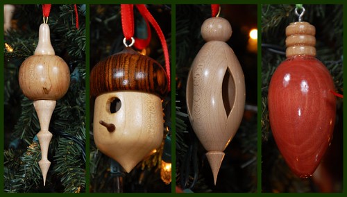 Some of ornaments I have turned in my shop on the wood lathe!