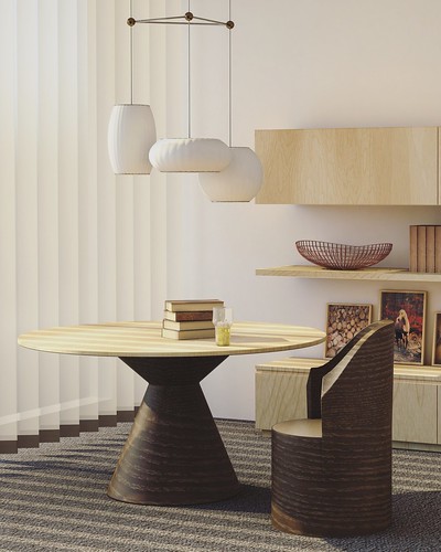 Round beige & brown wooden table chair In Living Room