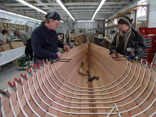 GEDC7687 - Northwest School of Wooden Boatbuilding - Traditional Small Craft - 9-foot Grandy skiff - lining out frame locations - students Russell Bates (L) and Caro Clark